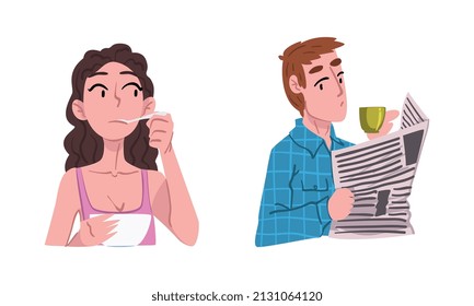 Young Woman Having Breakfast and Man Reading Newspaper and Drinking Coffee in the Morning Engaged in Daily Routine Activity Vector Set