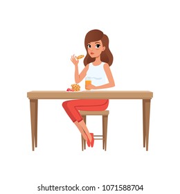 Young woman having breakfast, people activity, daily routine vector Illustration on a white background