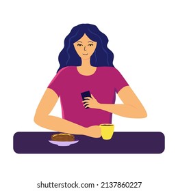 Young woman having breakfast with smartphone vector flat illustration. Woman watching at phone and having lunch with coffee and pancakes