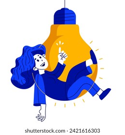 Young woman having a bright idea, vector illustration of a person with light bulb, creative genius thinking and generating a perfect idea.