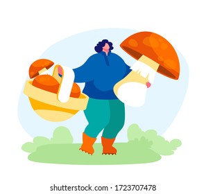 Young Woman Having Camping Rest on Nature, Outdoor Activity. Girl Picking Up Mushrooms to Basket in Forest Relaxing in Countryside. Female Character Outdoor Leisure, Hobby. Cartoon Vector Illustration