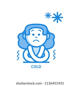 Young woman having cold thin icon - symptom of infectious or viral disease isolated on white background. Sick female character shaking and shivering from cold in outline vector illustration.