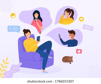 Young woman having a conference call with friends on her mobile phone as she relaxes on a chair at home, colored vector illustration