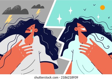 Young woman having different emotions suffer from bipolar disorder. Girl feeling happy and depressed struggle with mood swings and mental problems. Vector illustration. 