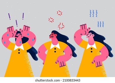 Young woman having different mood swings suffer from bipolar or personality disorder. Female struggle with emotional imbalance. Psychological problem concept. Flat vector illustration. 