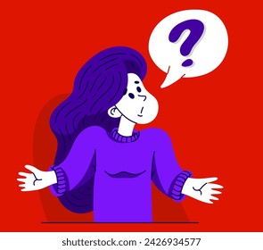 Young woman having a doubt and question, vector illustration of a person who is hesitating and thinking about some problem, decide uncertainty.
