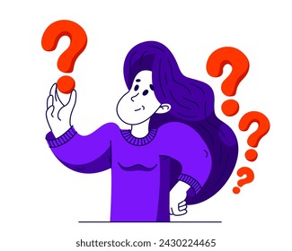 Mujer joven que tiene una duda y pregunta, ilustración vectorial de una persona que está dudando y pensando en algún problema, decidir la incertidumbre.