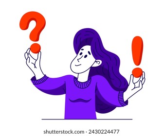 Young woman having a doubt and question, vector illustration of a person who is hesitating and thinking about some problem, decide uncertainty.