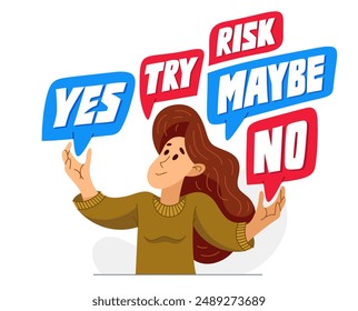 Mujer joven que tiene una duda y pregunta, Ilustración vectorial de una persona que está dudando y pensando en algún problema, decidir la incertidumbre.