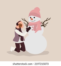 Young Woman Having Fun Making Snowman. Wintertime Activities. Vector Illustration