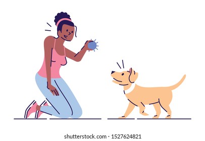 Young woman having fun with puppy flat vector illustration. Stress management. Active leisure. Girl with dog playing with ball isolated cartoon characters with outline elements on white background