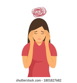 Young woman having headache and dizziness concept vector illustration on white background. Migraine health problem flat design.