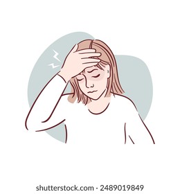 Young woman having headache. A girl in glasses holds her temples, migraine. Hand drawn vector illustration in sketch style. Health problems. Medical brochure template.