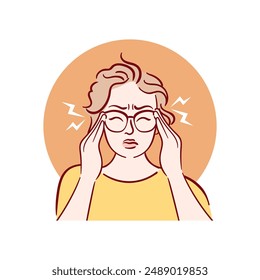 Mujer joven que tiene dolor de cabeza. Una chica con gafas sostiene sus sienes, migraña. Ilustración vectorial dibujada a mano en estilo boceto. Problemas de salud. Plantilla de folleto médico.