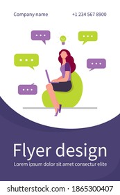 Young woman having idea and using laptop. Communication, computer, work flat vector illustration. Brainstorm and digital technology concept for banner, website design or landing web page