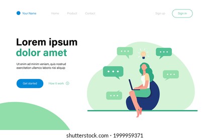 Young woman having idea and using laptop. Communication, computer, work flat vector illustration. Brainstorm and digital technology concept for banner, website design or landing web page