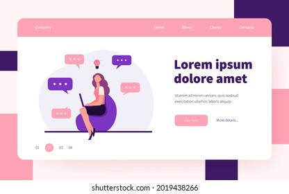 Young woman having idea and using laptop. Communication, computer, work flat vector illustration. Brainstorm and digital technology concept for banner, website design or landing web page