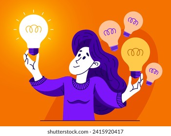 Young woman having a lot of ideas and choosing best one to solve some problem, vector illustration of a young person who is choosing between different ideas which one is working.