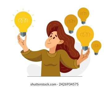 Young woman having a lot of ideas and choosing best one to solve some problem, vector illustration of a young person who is choosing between different ideas which one is working.