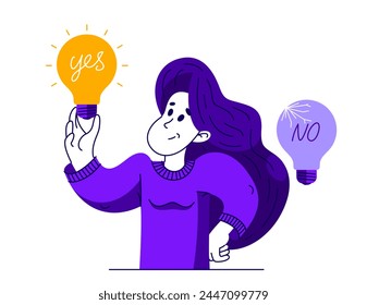 Young woman having a lot of ideas and choosing best one to solve some problem, vector illustration of a young person who is choosing between different ideas which one is working.