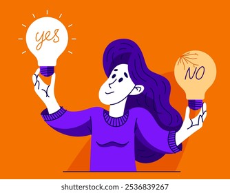 Young woman having a lot of ideas and choosing best one to solve some problem, vector illustration of a young person who is choosing between different ideas which one is working.