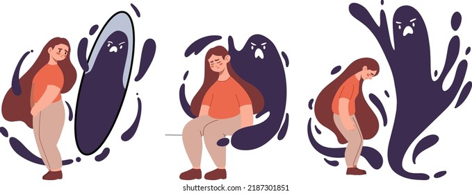 Young woman having mental problems. Depression, anxiety concept. Despaired feamle character suffering from psychology issues, sorrow, sadness, grief, panic attack vector illustration