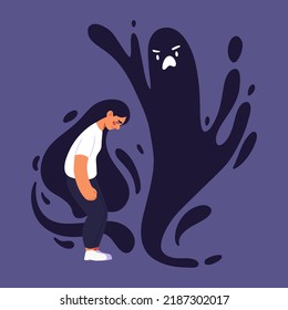 Young woman having mental problems. Depression, anxiety concept. Despaired feamle character suffering from psychology issues, sorrow, sadness, grief, panic attack vector illustration