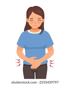 Young woman having monthly period with menstrual pain and cramp