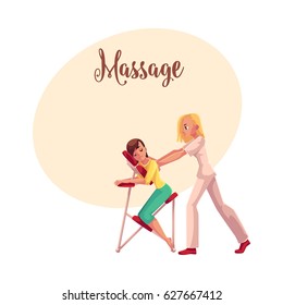 Young woman having office massage in mobile chair, cartoon vector illustration with space for text. Professional chair massage therapist doing therapeutic and relaxation office massage