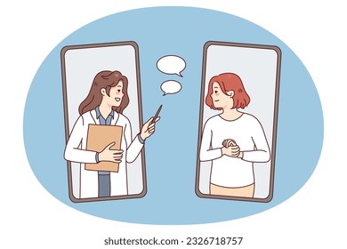 Young woman having online consultation on phone with doctor. Female patient talk with therapist on cellphone video call. Remote healthcare and medicine. Vector illustration.