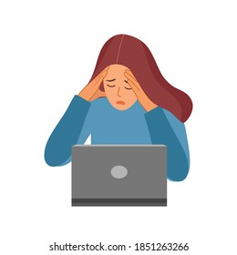 Young woman having painful headache concept vector illustration on white background. Migraine health problem flat design. Stressful at work. Office syndrome.