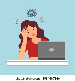 Young woman having painful headache concept vector illustration. Migraine health problem flat design. Stressful at work. Office syndrome.