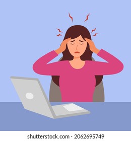 Young woman having painful headache concept vector illustration. Migraine health problem flat design. Stressful at work. Office syndrome.