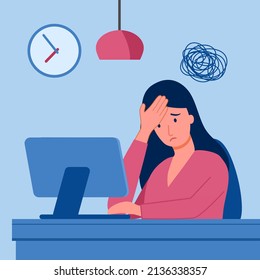 Young woman having painful headache concept vector illustration. Migraine health problem flat design. Stressful at work. Office syndrome.