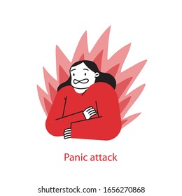 Young woman having panic attack hold heart by hand. Flat cartoon style vector illustration with abstract background of the Symptoms of Depression.