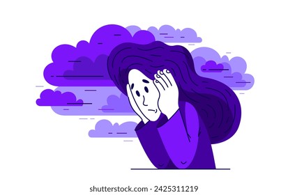 Young woman having a psychological problem of stress or anxiety, vector illustration of stressed girl having mental disorder or tired, headache flat style drawing.