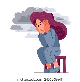 Young woman having a psychological problem of stress or anxiety, vector illustration of stressed girl having mental disorder or tired, headache flat style drawing.