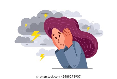 Young woman having a psychological problem of stress or anxiety, vector illustration of stressed girl having mental disorder or tired, headache flat style drawing.