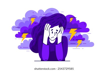 Young woman having a psychological problem of stress or anxiety, vector illustration of stressed girl having mental disorder or tired, headache flat style drawing