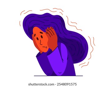 Young woman having a psychological problem of stress or anxiety, vector illustration of stressed girl having mental disorder or tired, headache flat style drawing.