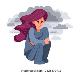 Young woman having a psychological problem of stress or anxiety, vector illustration of stressed girl having mental disorder or tired, headache flat style drawing.
