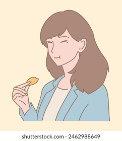 Young woman having snack at work. Office worker eating, chewing cookie or crispy potato chip. Hand drawn flat cartoon character vector illustration.
