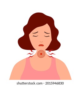 Young woman having sore throat symptom from virus or bacteria in flat design on white background.