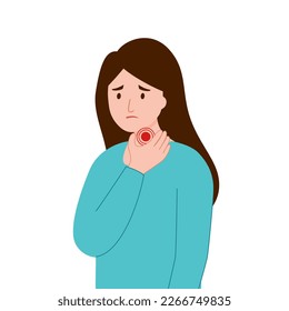 Young woman having sore throat symptom from virus or bacteria in flat design on white background.