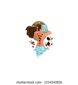 Young woman having a stone massage in spa salon vector illustration in flat cartoon style