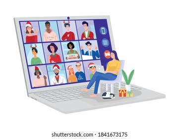 Young woman having video conference on computer with her friends at home. Vector