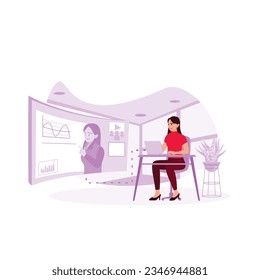 young woman having a video conference with her teacher. Trend Modern vector flat illustration.