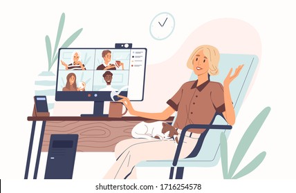 Young woman having videoconference with colleagues. Corporate video call, distant discussion. Friends talking online. Concept of teamwork during quarantine. Vector illustration in flat cartoon style