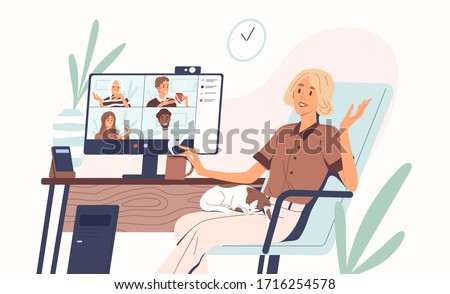 Young woman having videoconference with colleagues. Corporate video call, distant discussion. Friends talking online. Concept of teamwork during quarantine. Vector illustration in flat cartoon style