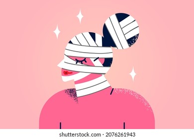 Young woman with head in bandages after cosmetic plastic surgery. Female patient or client of aesthetic medicine clinic rehabilitation process. Beauty and medication concept. Vector illustration.